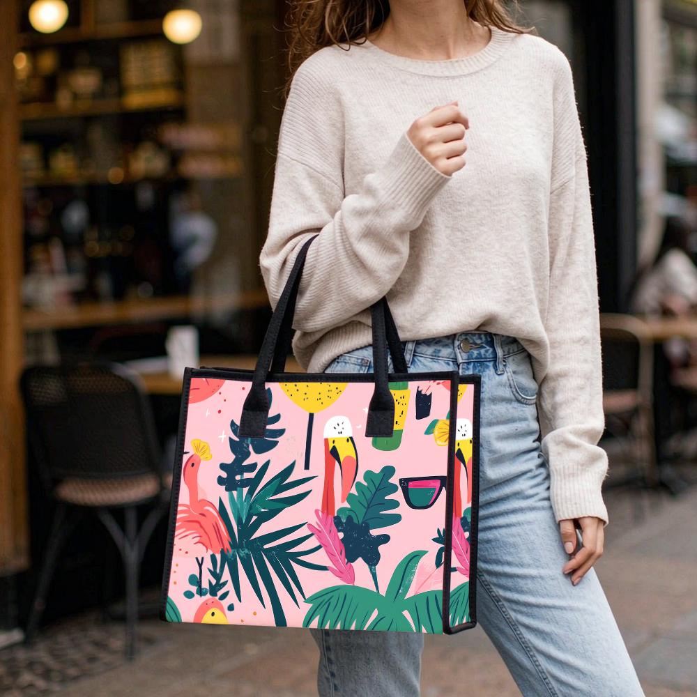 Tropical Print Tote Bag Summer Casual Handbag for Daily Use Stylish Shopping Bag with Flamingo Toucan Pattern for Women