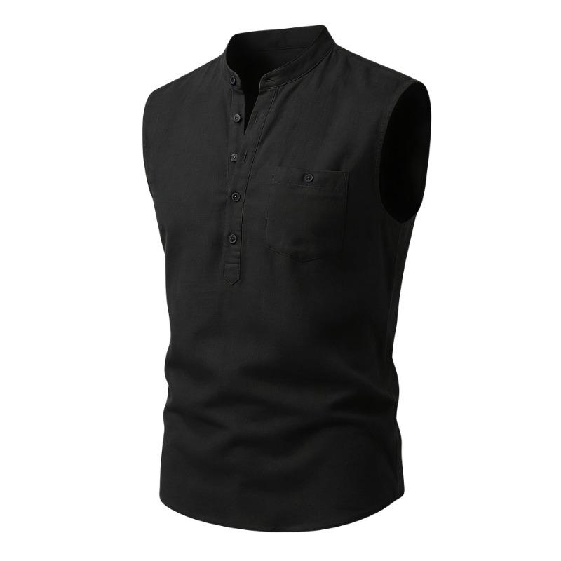 Ärmelloses Henley-Hemd für Herren aus Leinenmischung mit Brusttasche, Mehrfarbig, Lässiges Sommer-Tanktop