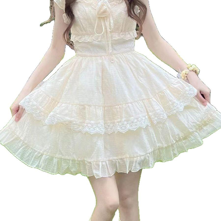 Süßes erste Liebe Schleife Kleid Damen Sommer Französisch kleine Fledermausärmel Prinzessin Kuchenkleid Taille flauschiger Rock