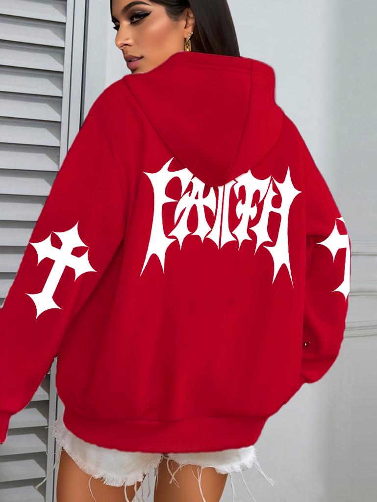 Kreatives Glaubenskunst Briefdruck Kapuzenpullover Damen Hip Hop Herbst Kapuzenpullover Tasche Fleece Kleidung Y2K All-Match Lässiger Damen Kapuzenpullover