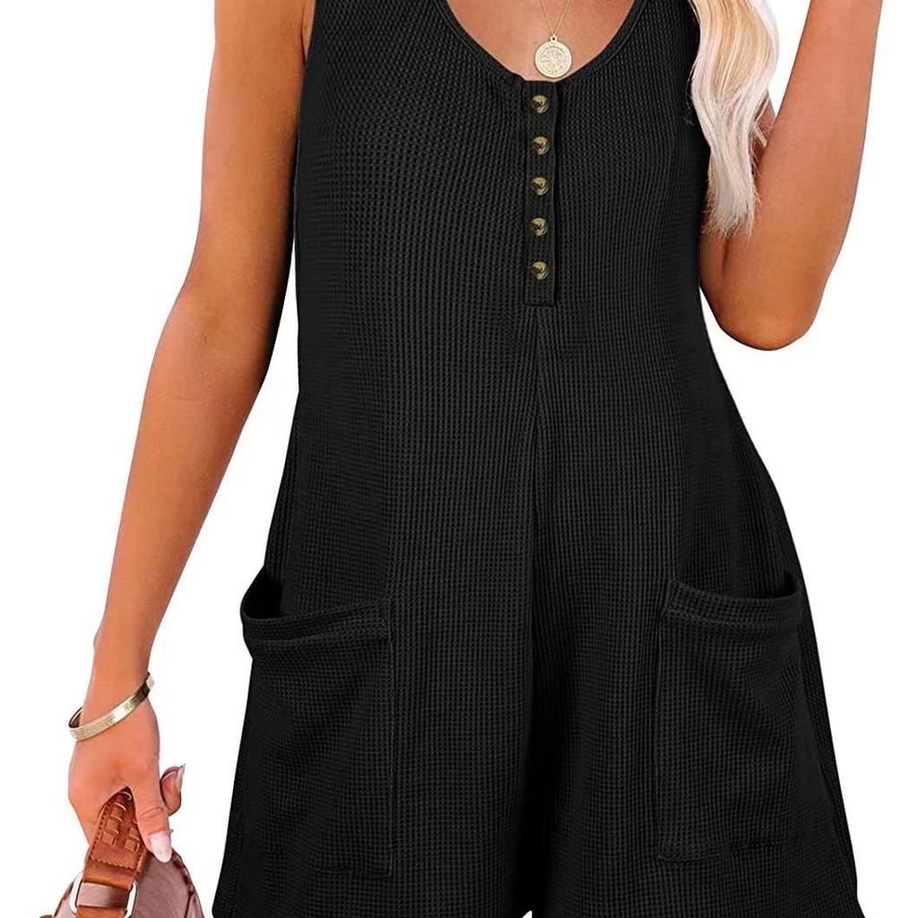 Button-down Front with Pocket Jumpsuit, Summer Casual Solid-color Sleeveless Jumpsuit