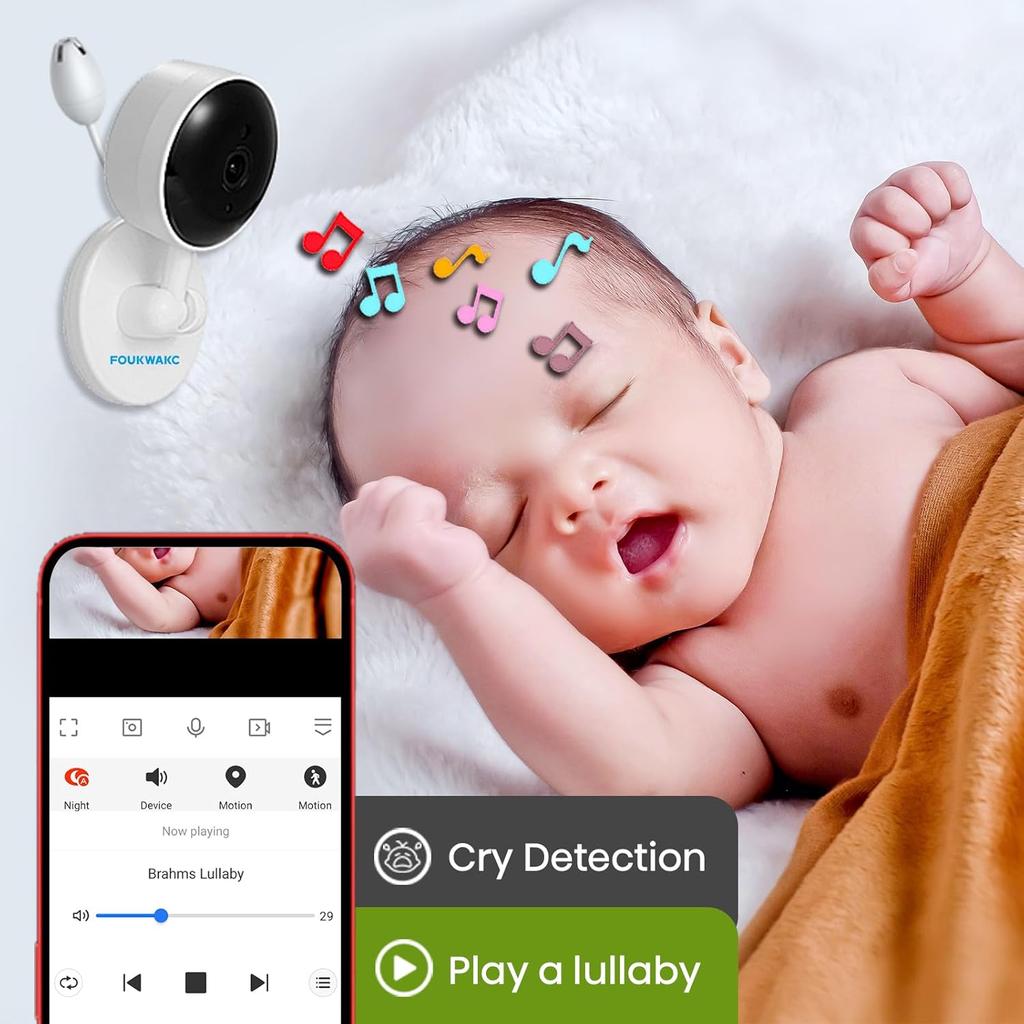 Baby Monitor with Camera and Audio, 2K WiFi Indoor Video Baby Camera with Mount, Motion & Cry Detection, Temp & Humidity Sensor, Night Vision, 2 Way