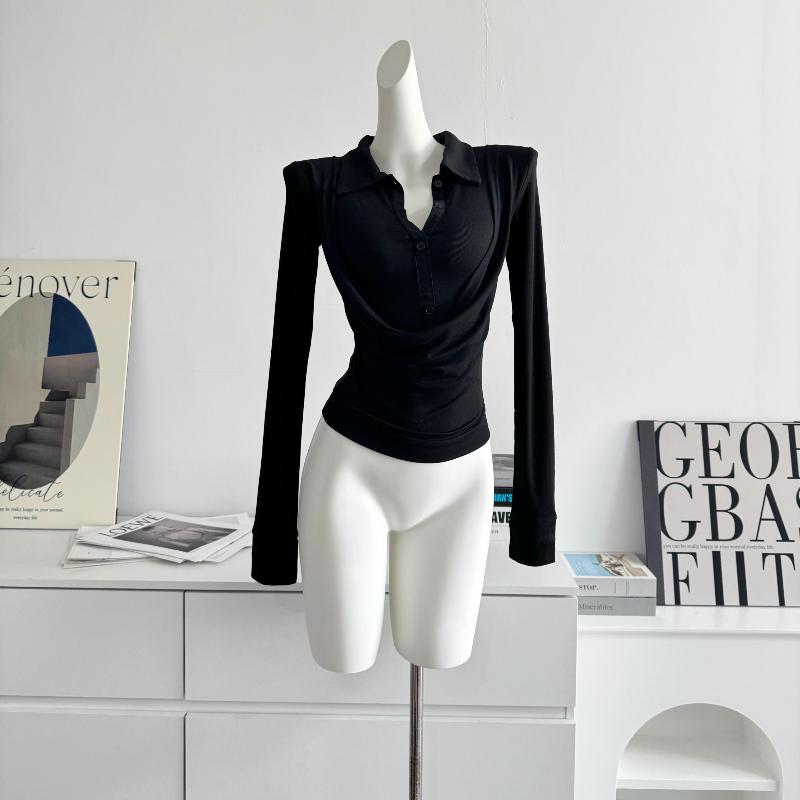 French Elegant Swing Collar Fake Two Piece Tops Women White Black Slim Fitting Long-sleeved T-shirt Korean Fashion Patchwork Casual Clothes