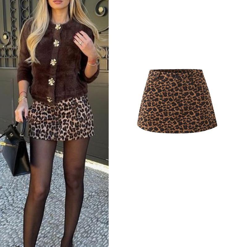 Fall and Winter New Women's Clothing French Retro Leopard-Print Slim-Fit A- Line Short Skirt (with Safety Pants Inside)