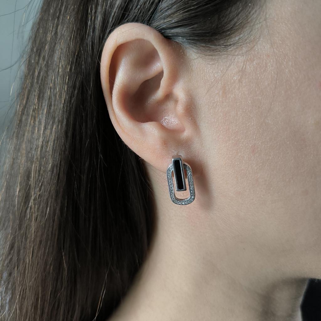 Silver Earrings with Natural Cubic Zirconia, Onyx (2199298)