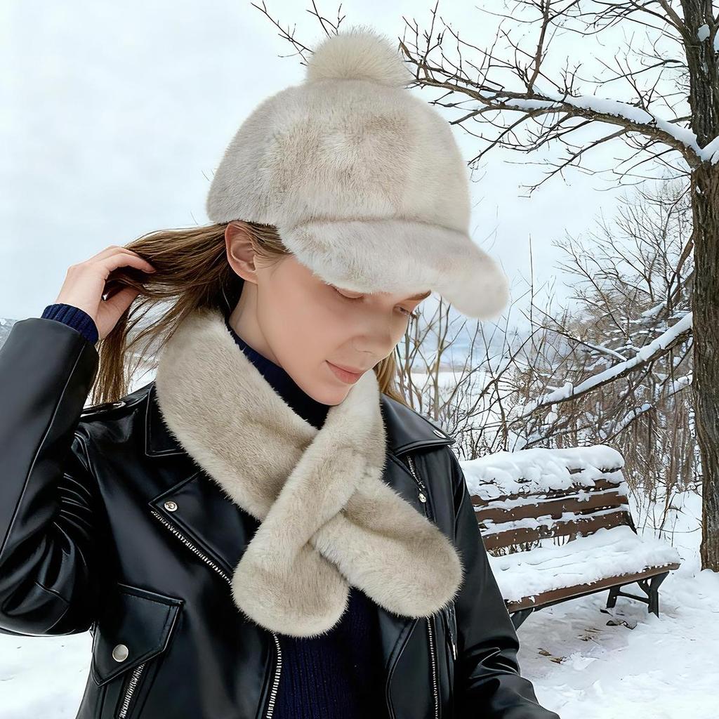 Autumn Winter Faux Mink Fur Baseball Cap for Women with Pom Pom, Faux Fur Warm Fleece Hat Scarf Set For Outdoor Travel