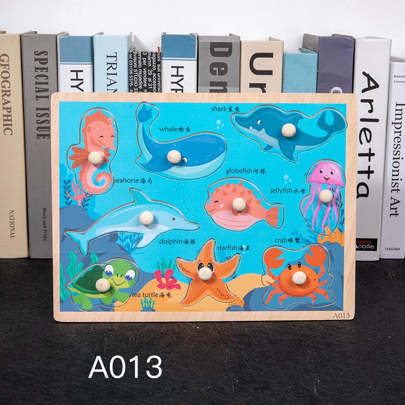 Non-Toxic Montessori Wooden Puzzles Hand Grab Boards Toys Tangram Jigsaw Baby Educational Toys Cartoon Vehicle Animals Fruits 3D Puzzles