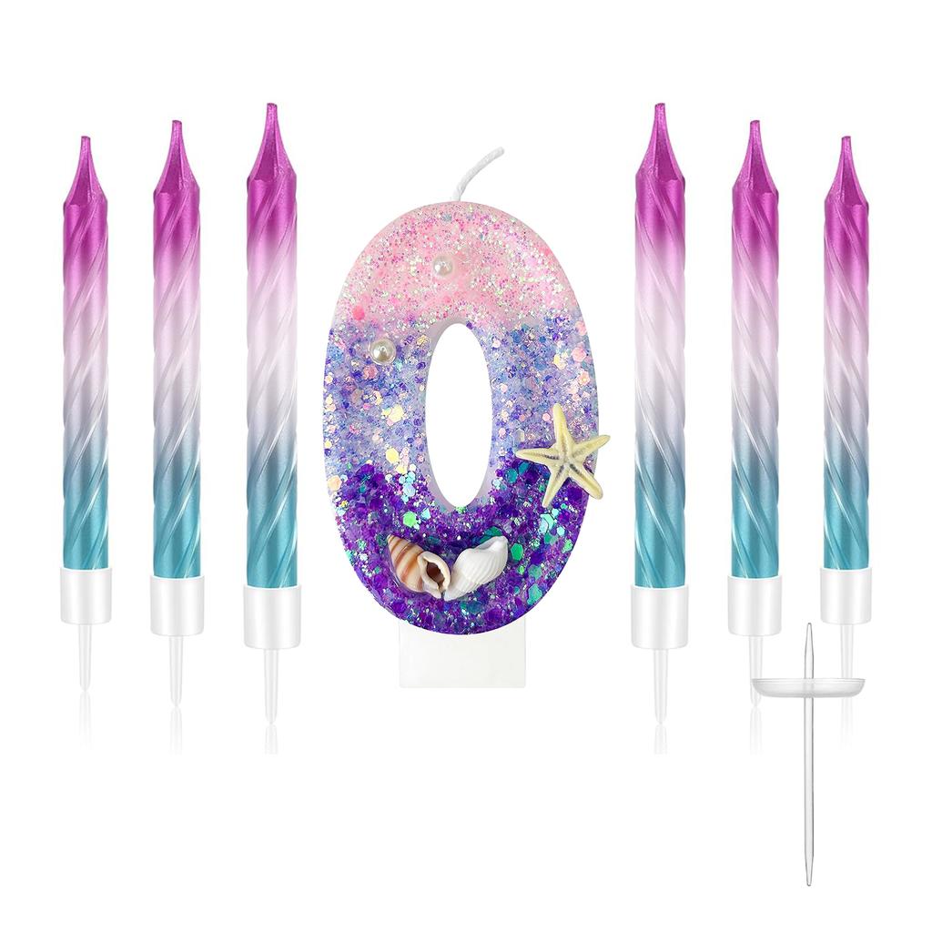 7pcs Girls Purple Mermaid Party Number 0-9 Cake Candles, 2.76 Inch Birthday Candle, Cake Topper Decoration for Birthday Party