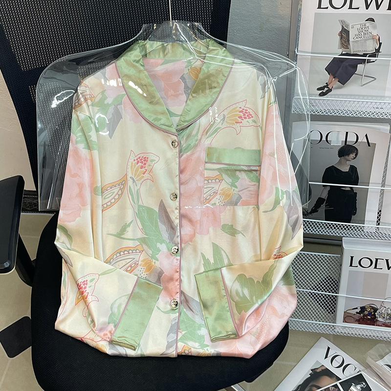 High-Value Long-Sleeved Pajamas For Women'S Spring And Summer New Small Fresh Lotus Flower Silky Loungewear Set, Real Shot