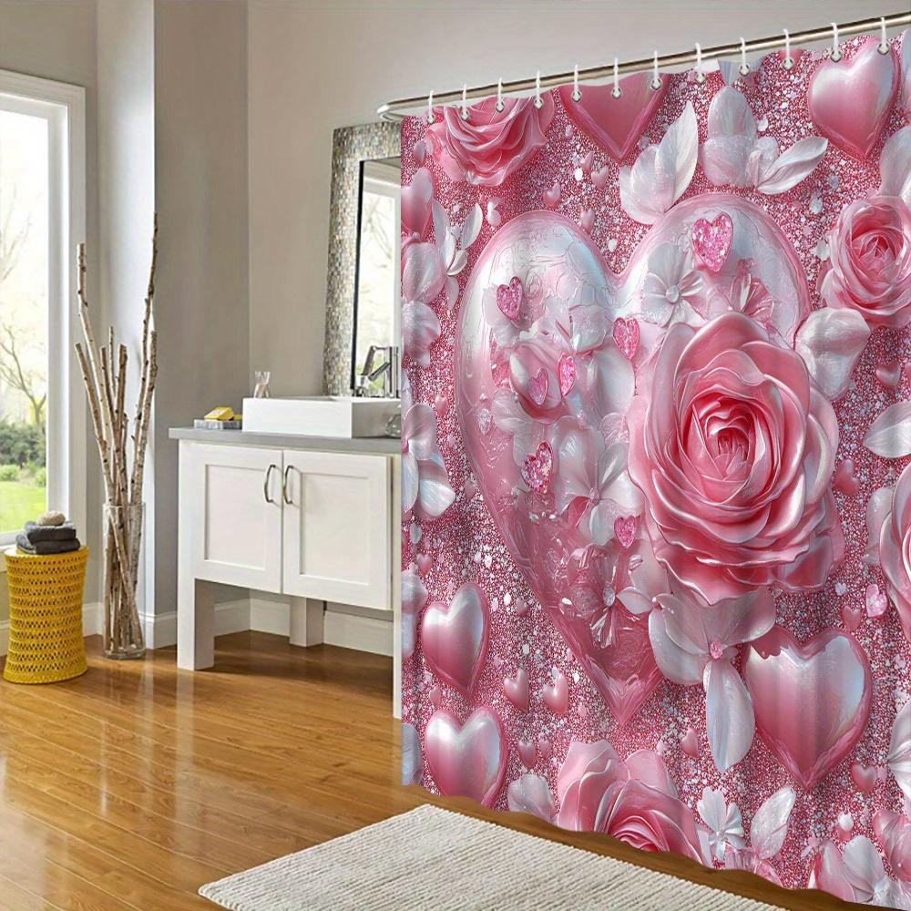 Romantic Rose Heart Shower Curtain - Waterproof, Mildew-Resistant With Glittery Love Design For Valentine'S Day Bathroom Decor