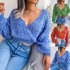 Women's Colourful Cross-Over V-Neck Bell-Sleeve Cropped Sweater
