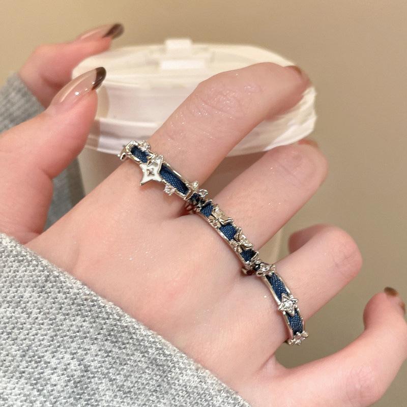 Dark Blue Denim Fabric Zircon Star Opening Rings for Women Girls Fashion Popular Metal Butterfly Rings Party Jewelry Accessories