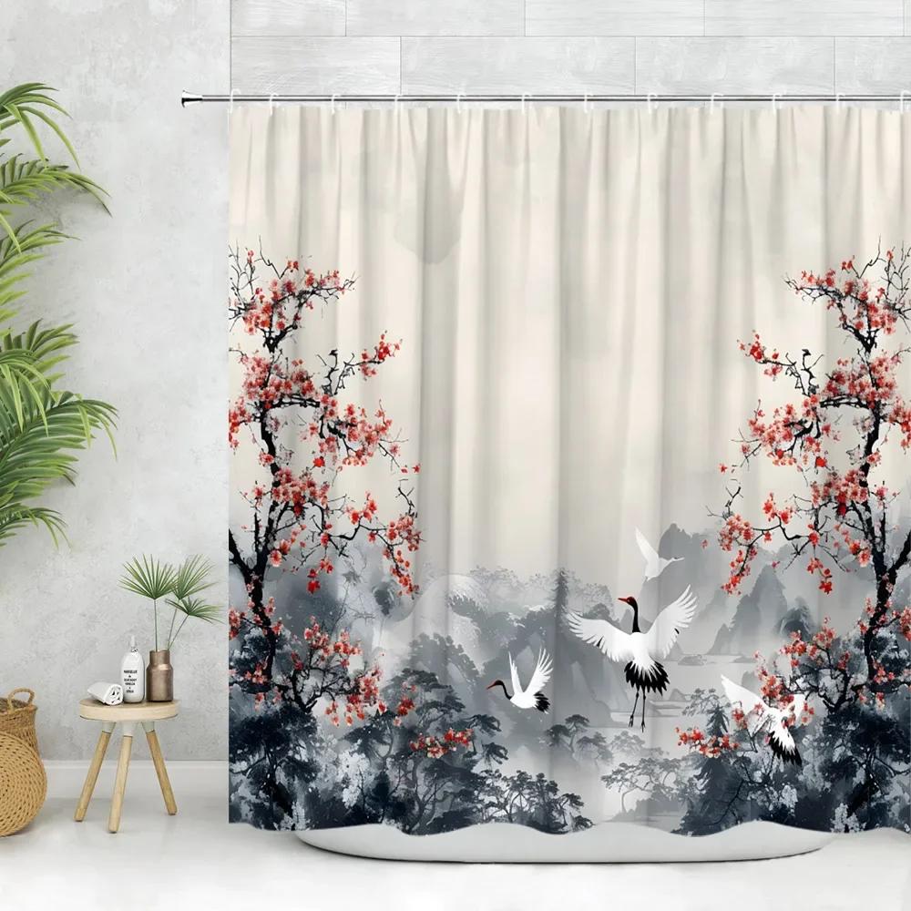 Asian Shower Curtain Ink Painting Crane Cherry Blossoms Japanese Woman Koi Panda Modern Polyester Fabric Bathroom Decor Curtain