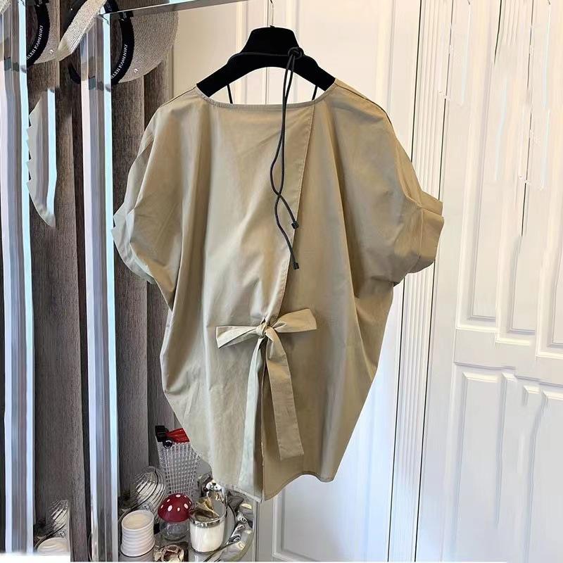 Dámska móda Riasenie na leme Blúzky Letné Okrúhly výstrih Krátky rukáv Ležérne Blusas Mujer Štýlový rozparok na chrbte Jednofarebné Košele Topy