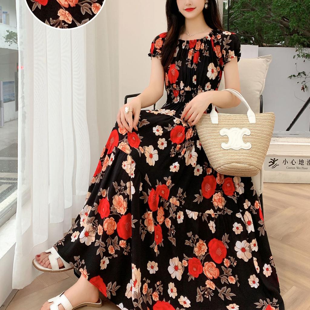 2024 Women's Beach Dress Short Sleeve Floral Dress Cotton Travel Vacation Bohemian Skirt Summer Halter
