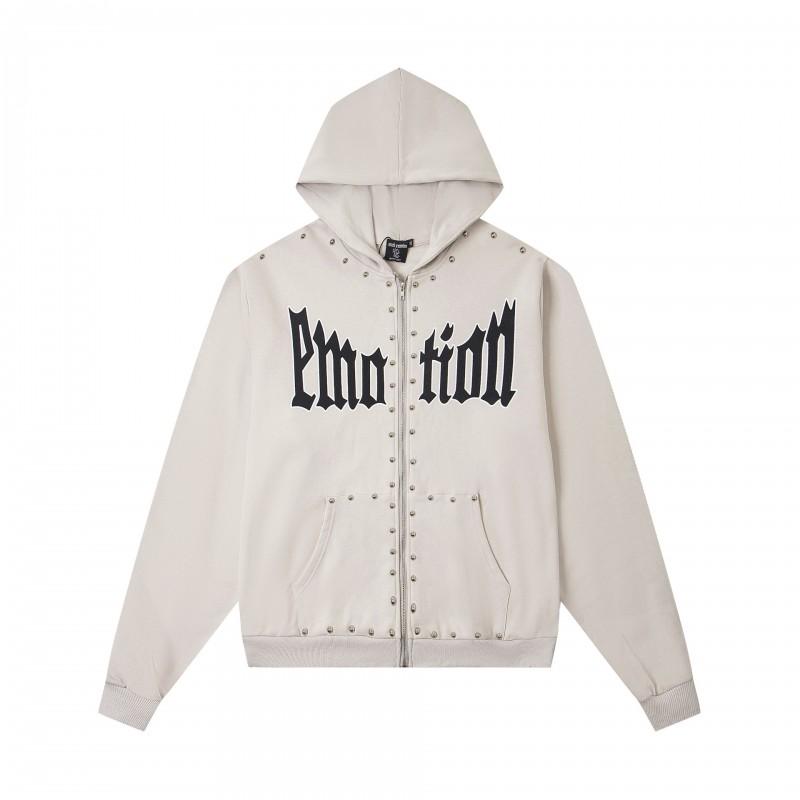 Mens Oversized Hooded Zip-Up Sweatshirt With Rhinestone Letter Print Cotton Streetwear