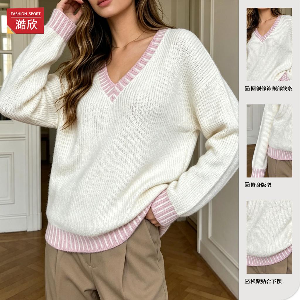 Fashion V-neck knitted sweater women's autumn and winter loose lazy wind pullover sweater Korean versatile top