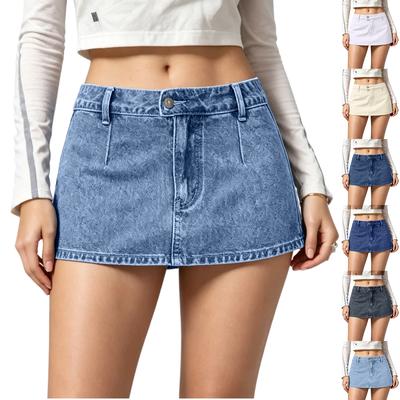 Women’s Vintage Denim Mini Skirt High Waist Distressed Jean Skirt with Front Button and Pocket for Casual Outfits
