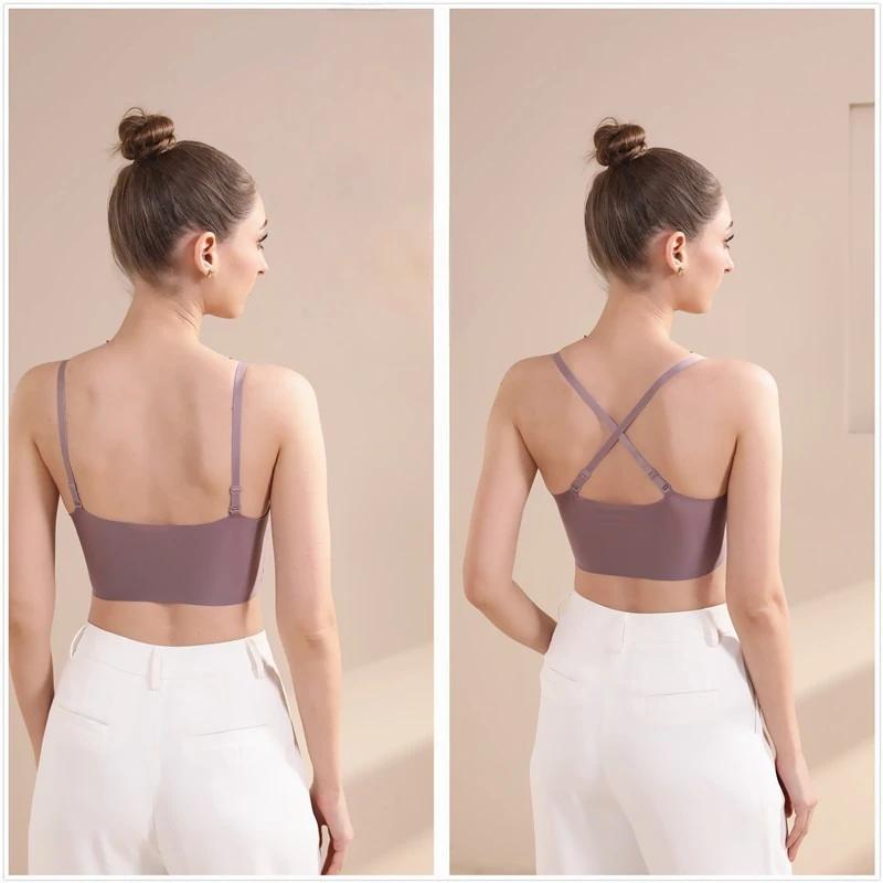 Women Seamless Tube Top Built In Bra Camisole Cooling Rayon Bralette Summer Grip Tape Ultra Thin Ol Ootd Fashion Anti-Exposure