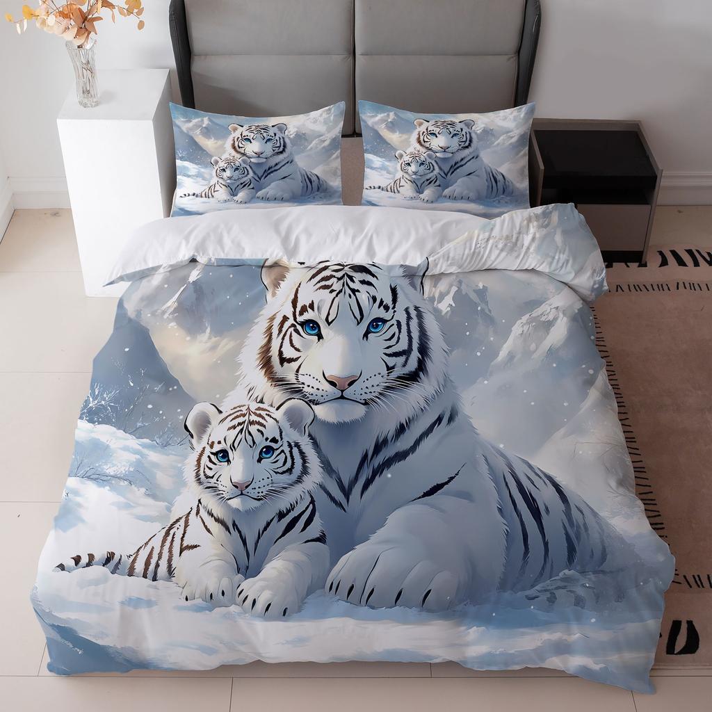 3Pcs Bedding Featuring A White Tiger Design - Duvet Cover With Blue-Eyed White Tiger And Two Pillowcases -For Bedroom Decor