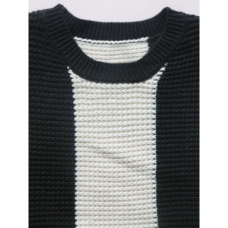 Damski Sweter Dzianinowy Casualowy w Paski Patchworkowy Okrągły Dekolt Rozszerzane Długie Rękawy Luźny Modny Dzianinowy Top Casualowy Wszechstronny Miękki Stylowy Sweter Dzianinowy Płaszcz