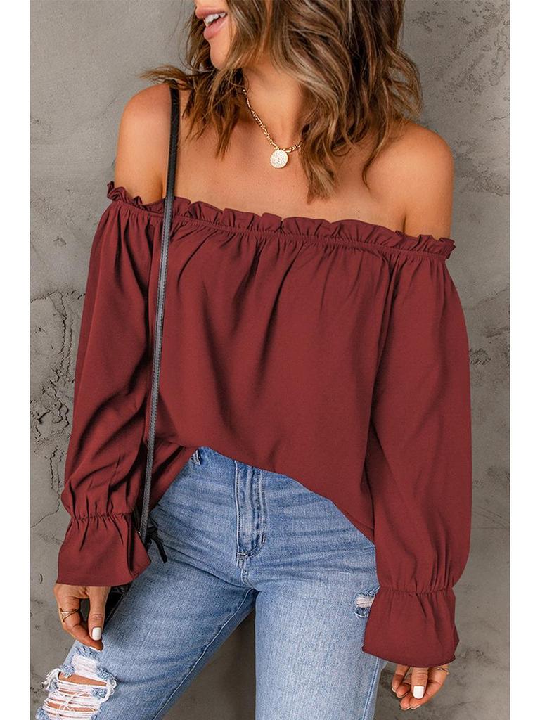 Women's Off-the-Shoulder Chiffon Blouse - European and American Style, Solid Color Pullover for Spring and Autumn, Sexy & Elegant.