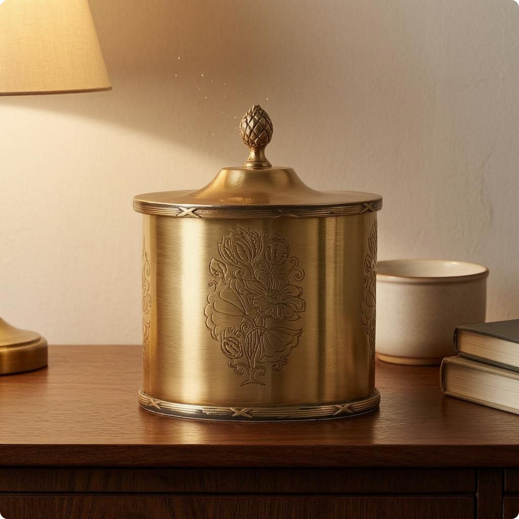 Ornate Brass Canister Finial Knob Decorative Brass Jar Lidded Vessel Lid House Decoration Hand-Applied Design for Storage