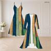 Women Plus Size Printed Two Piece Set V Neck Strappy Flared Dress Long Sleeve Open Front Long Cardigan