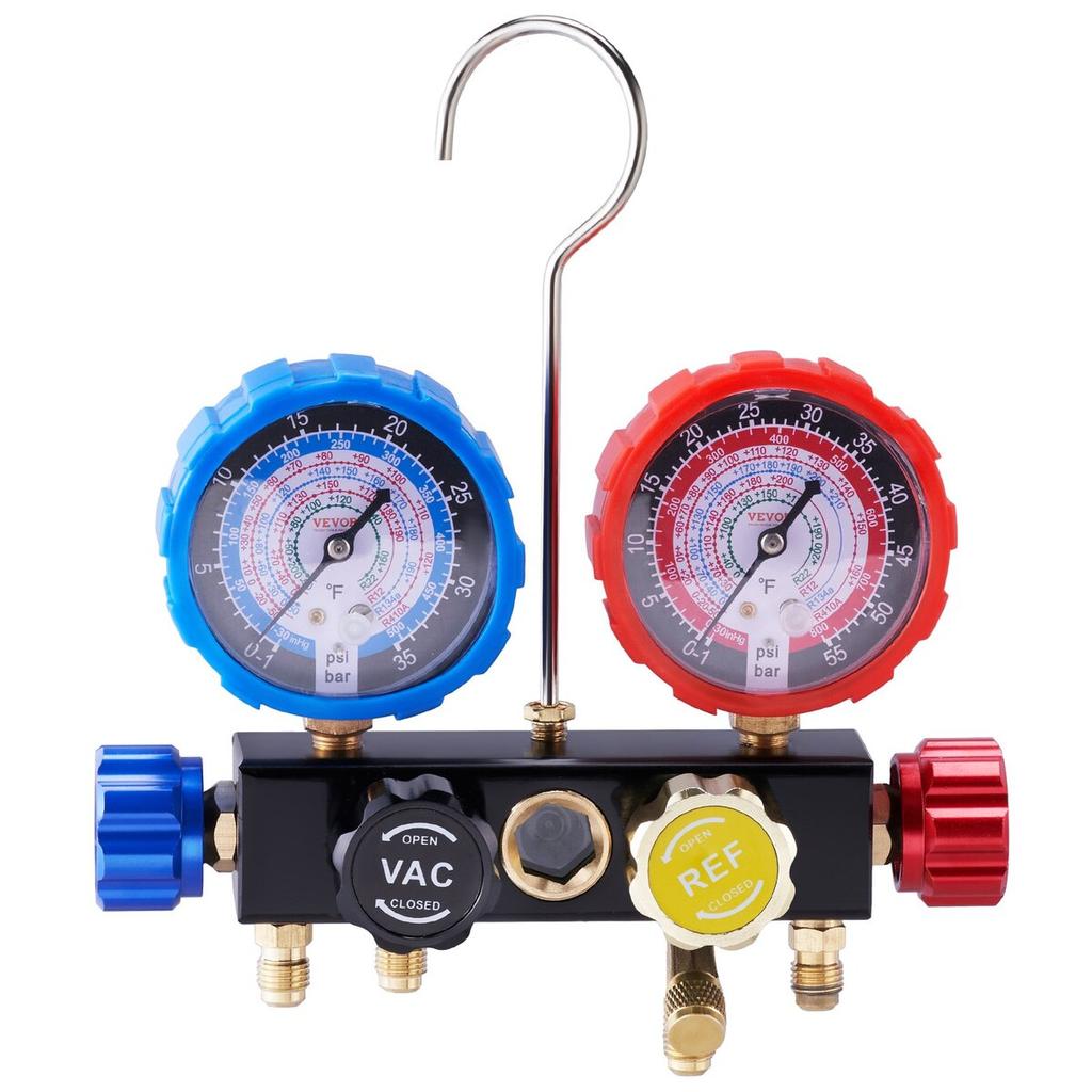 4 Way AC Gauge - AC Manifold Gauge Set for R134A R22 R12 R410A Refrigerant, Freon Gauges with 5ft Hoses, Couplers, Can Tap Works On Car Auto Freon