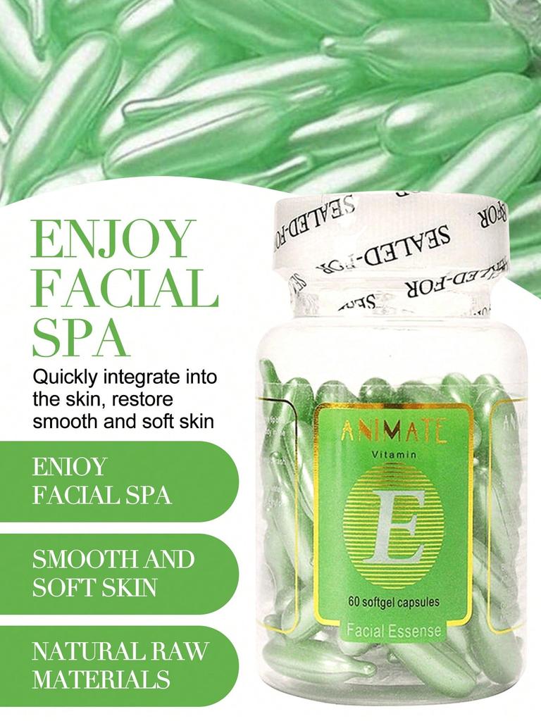 60PCS Vitamin E VE Facial Essence Capsule (Green), Bottled, Deeply Activates Skin, Moisturizes, Brig