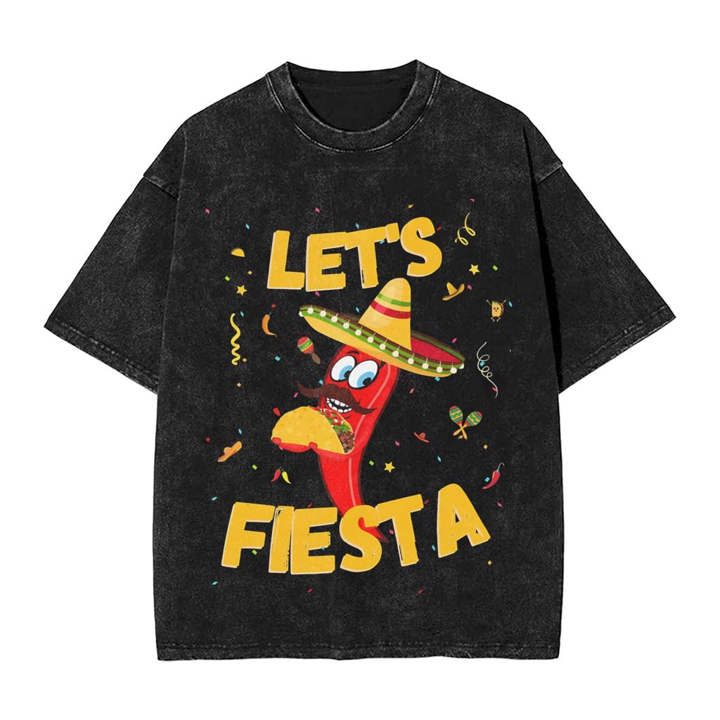 Men Women Tshirt Lets Party Fiesta Washed Tshirts Trendy Cool Summer Tees Y2k Retro Print Cotton Clothing New Arrival