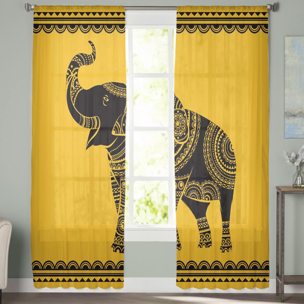Elephant Art Indian Bobo Style Tulle Window Treatment Sheer Curtains for Kitchen Living Room the Bedroom Curtains Decoration