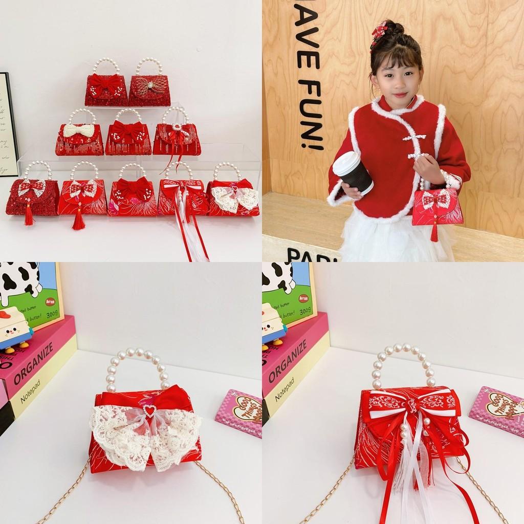Adorable Red Shimmering Bow Pearl Children's Shoulder Bag For New Year Celebrations
