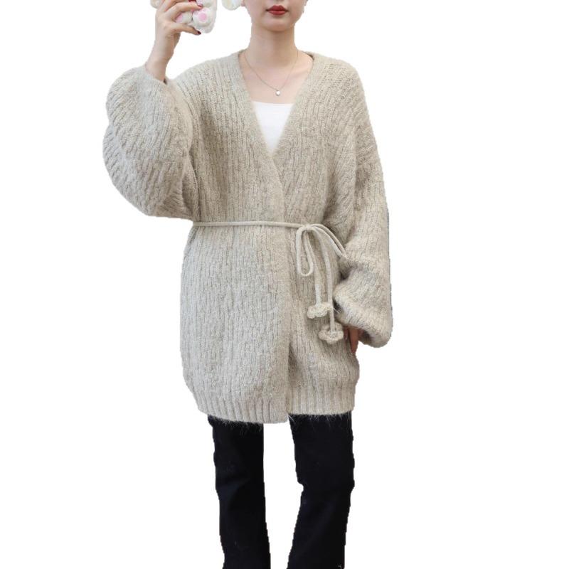 Autumn and winter lace-up loose knitted cardigan medium and long temperament advanced sense gentle wind sweater jacket women