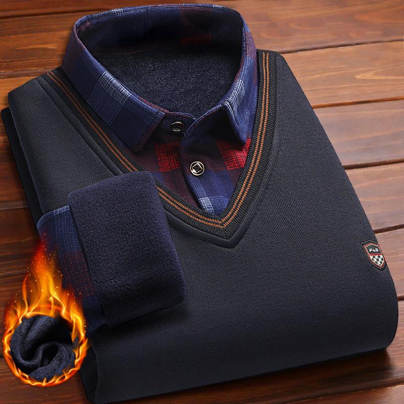 Vintage Plaid Sweater Pullover Men Thick Warm Knitwear Winter Autumn Patchwork Men's Fleeced Polo Collar Pullovers