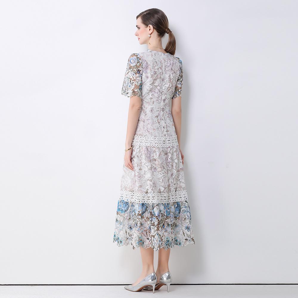 Summer Floral Print Long Dress V Neck Lantern Sleeves Embroidery Design Hollow Out Chic A Line Beachwear Female Dress