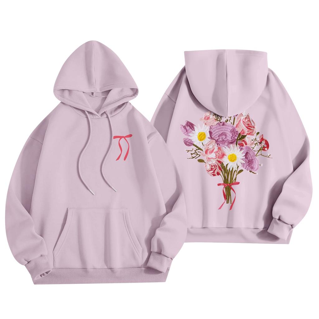 Damenmode Damen Leichter Langarmpullover mit Taschen Preppy Graphic Hoodie