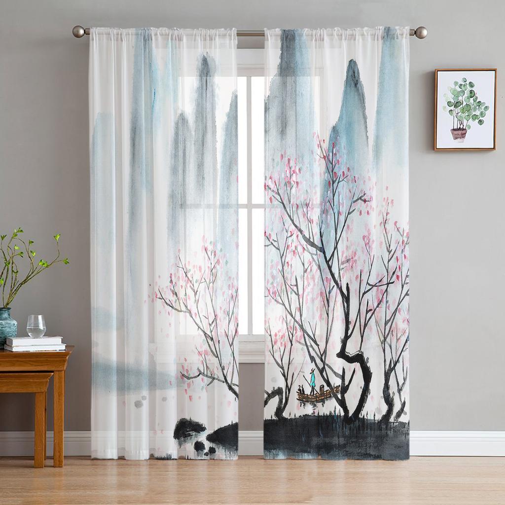 Landscape Ink Painting Chinese Style Sheer Tulle Window Curtains For Living Room Bedroom Kitchen Veiling Curtain Home Decoration