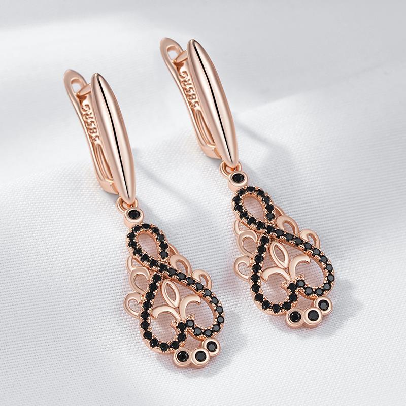 Trend  Rose Gold Color Crystal Flower Long Dangle Earrings Black Natural Zircon Accessories Daily Fine Women Jewelry