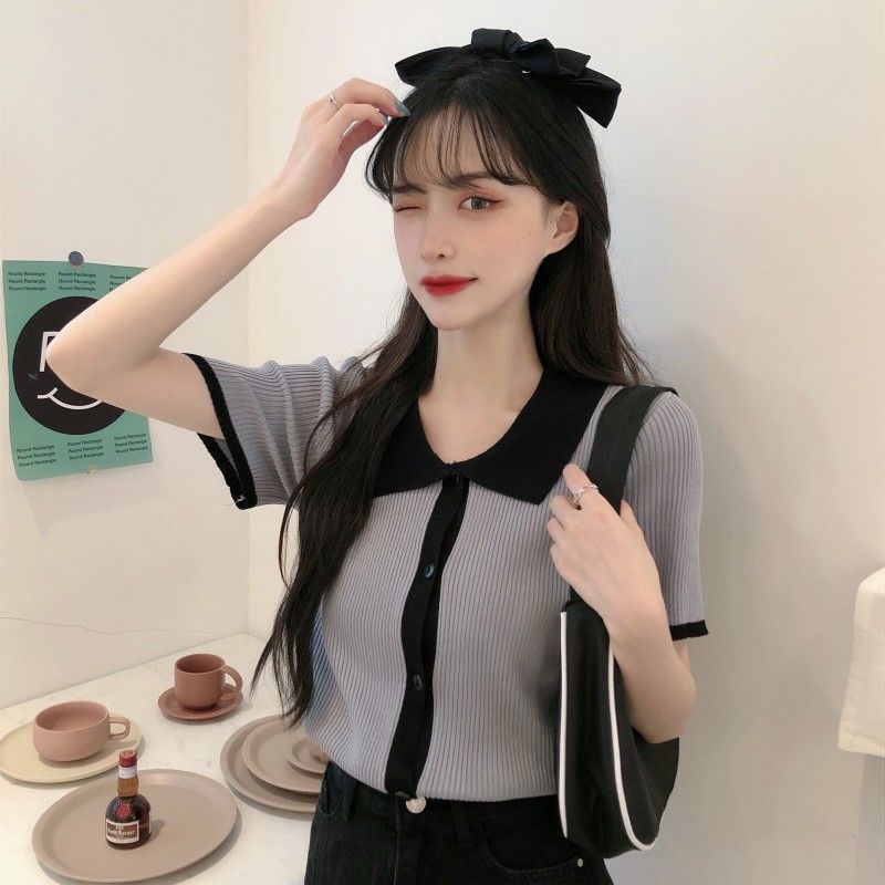 Summer Korean Version POLO Collar Slim Fit Contrasting Short Sleeved Knitted T-shirt Women's Versatile Short Top