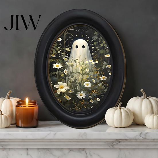 Rustic Autumn Home Accents Halloween Gothic Oval Wooden Hanging Plaque, Vintage Framed Black Cat Little Minimalist Horror Themed Decor Ghost