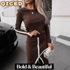 Women's Fashion Autumn Winter Solid Color Print O-Neck Long Sleeve Casual Dresses