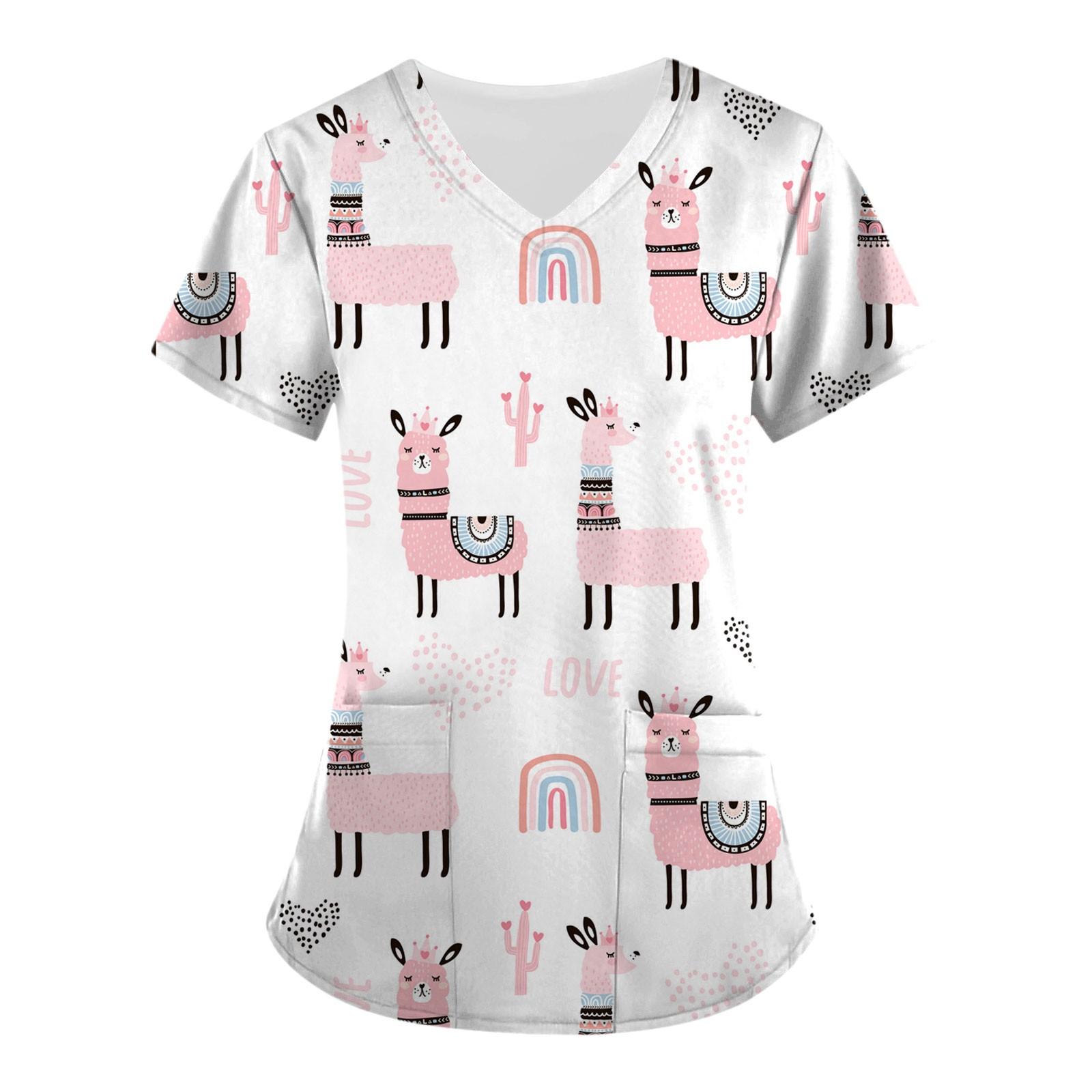 

Жіноча робоча блуза з кишенями з короткими рукавами і V-подібним вирізом із принтом із милими тваринами XL білий