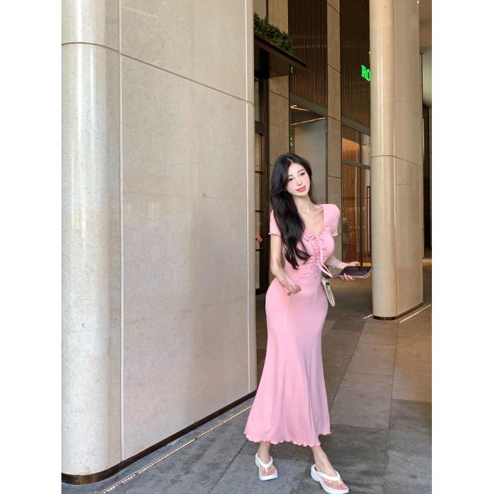 Pure desire French slim temperament high-end sexy hip-wrapped long dress waist slim-fitting holiday style fishtail dress women s summer S розовый