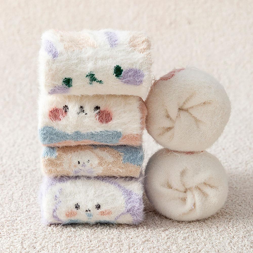 Autumn Winter Cute Rabbits Coral Fleece Socks For Women Soft Thermal Middle Tube Socks Couple Home Floor Sleeping Crew Socks