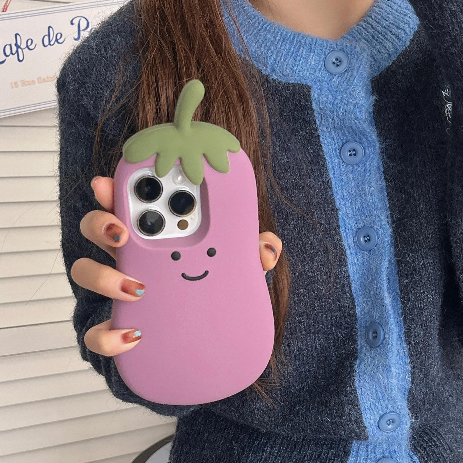 

For iPhone 16 Pro Max Case Cartoon Smile Eggplant Soft Silicone Phone Cover A