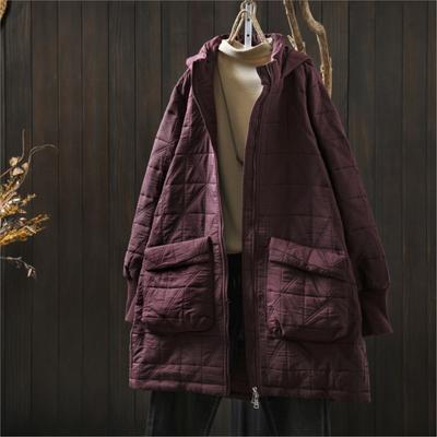 Women Vintage Hooded Zipper Long Sleeve Winter Coats Solid Color Patchwork Pocket Warm Female Coats