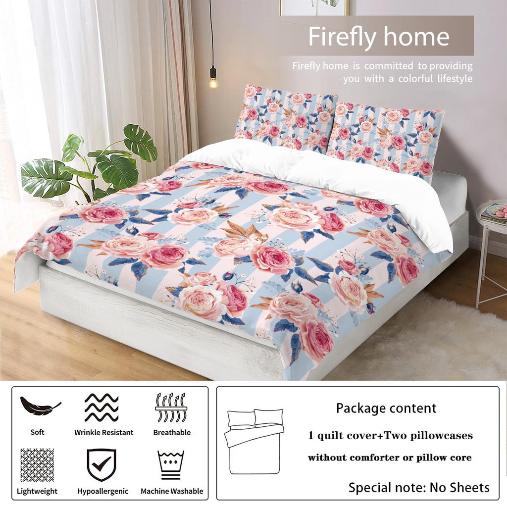 3-piece Natural Pink Floral Pattern Printed Down Duvet Cover (1 Duvet Cover+2 Pillowcases, No Core) Bedding Set