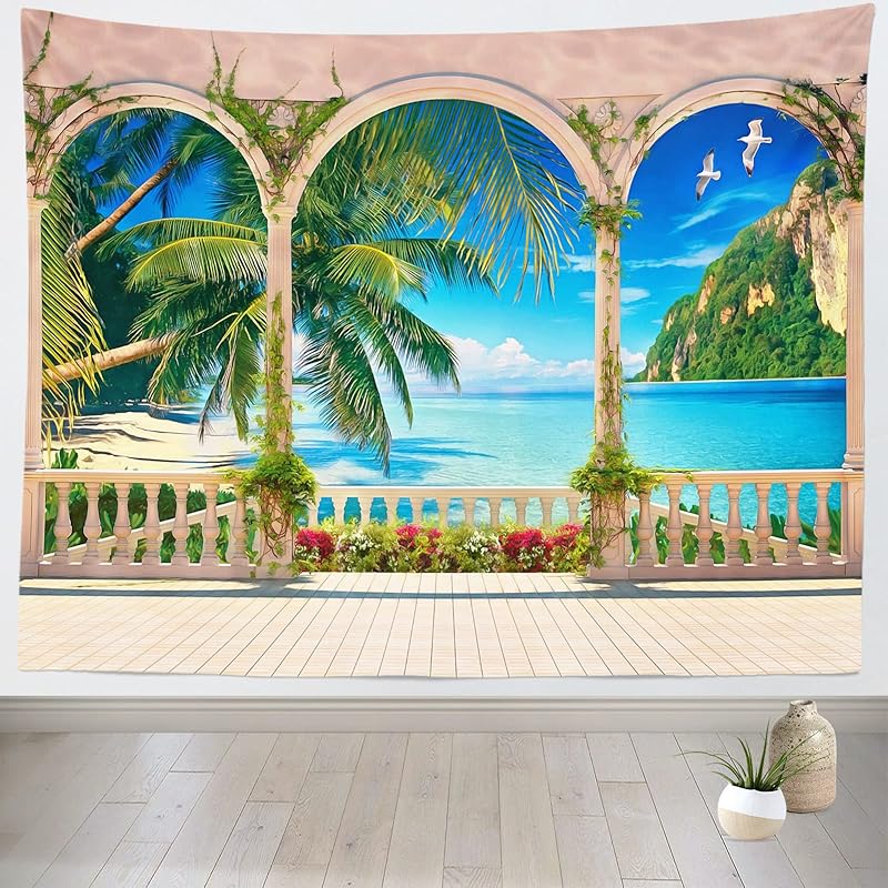 Loccor Tropical Beach Palm Tree Tapestry Balcony Window Seascape Landscape Wall Hanging Summer Seaside Paradise Wall Hanging Home Decor for Bedroom 39.4L  x 1W