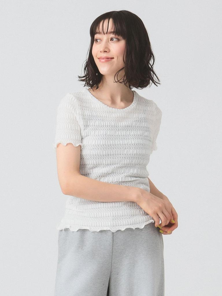 Ray Beams Shirred Lace One Size Women's S/S T-Shirt, OFF_WHITE,